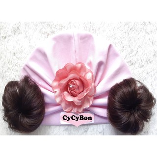 Mũ Nón Turban Cho Bé Gái Thun Cotton Hồng Phấn Đính Bông Ruốc Kèm Tóc Giả - Có Size Cho Bé Sơ Sinh