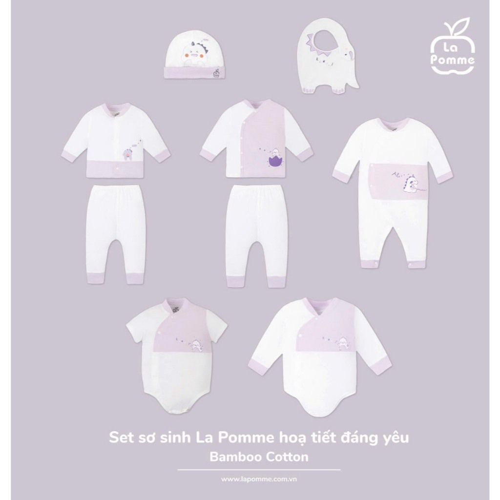 Set Đồ Sơ Sinh La Pomme Hoạ Tiết Đáng Yêu Màu Trắng Tím, Chất Vải Mềm Mịn
