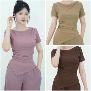 Bộ Thun Tăm Hàn Nhún Eo Cổ Thuyền Ngắn Tay Kèm Quần Suông - Set Đồ Nữ Sang Chảnh, Áo Nữ - S05