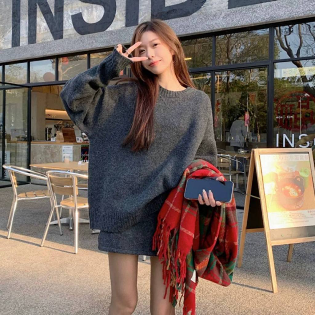 [Sẵn] Set Đồ Nữ Áo Len Dài Tay Form Rộng Dáng Dài, Chân Váy Ngắn Chân Váy Len Dáng Ôm Kiểu Hàn Quốc Đi Chơi SD684