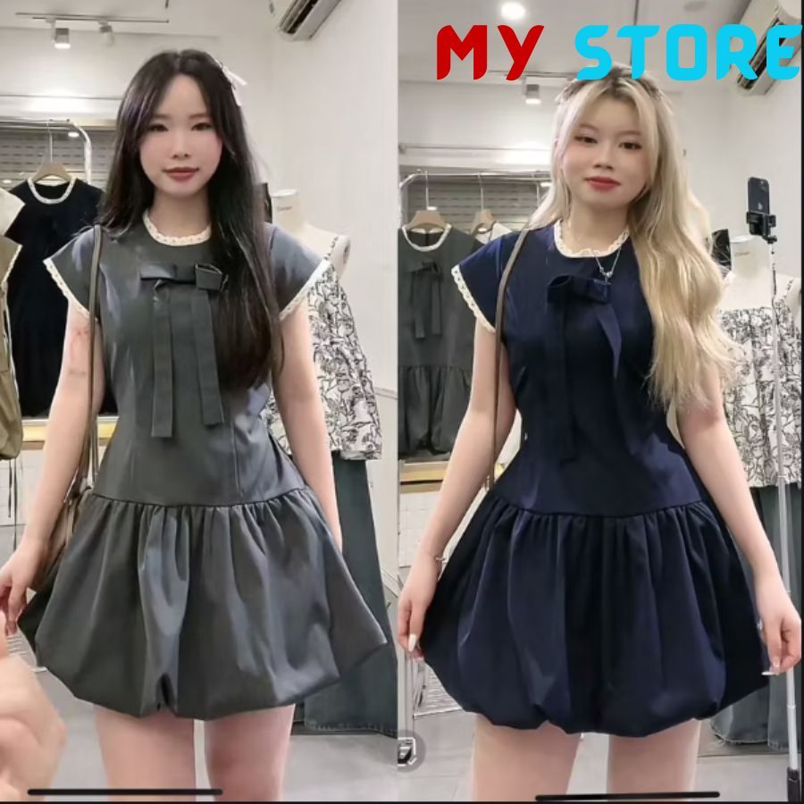 Váy bí đính nơ phối ren dáng ngắn dây buộc eo kèm quần bảo hộ rời, đầm tiểu thư dự tiệc đi chơi xinh xắn