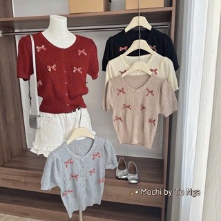 Áo len nữ, áo len mỏng cộc tay đính nơ dệt kim hàng QC