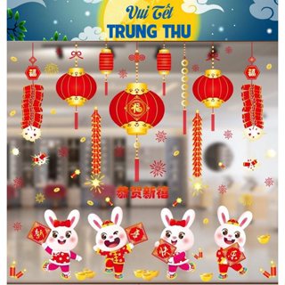 Decal Trang Trí Chủ Đề Tết Trung Thu Thỏ Ngọc Rồng Vàng -  Hình Dán Hít Tĩnh Điện