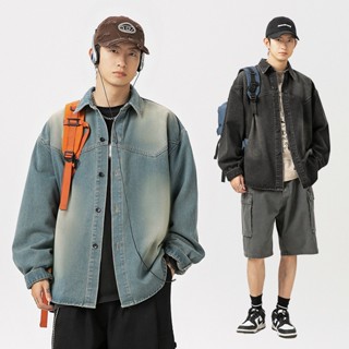 Áo sơ mi dài tay unisex nam nữ áo jean form rộng vải denim cotton cao cấp phong cách Retro L3885