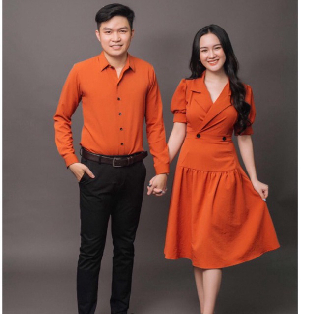 đồ đôi thiết kế cao cấp màu cam- đồ đôi đi tiệc- Lễ Tết