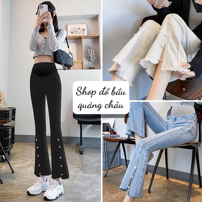 Quần bầu jeans dáng dài , ống loe đính hạt , xẻ vạt siêu xinh cho bầu