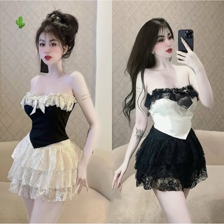 Sét áo cúp ngực phối ren kèm chân váy tâng ren sexy quyến rũ