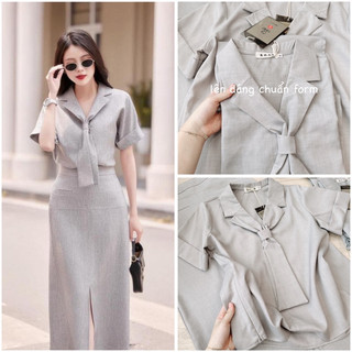 Hàng quảng châu- set áo nữ cổ vest phối chân váy midi
