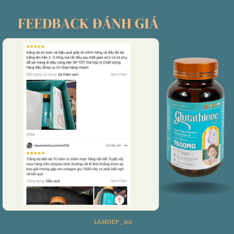 COLLAGEN - GLUTATHIONE 7500MG  viên uống trắng da chính hãng giảm thâm nám,nâng tông tức thì cân bằng nội tiết tố nữ.