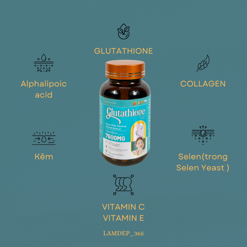 COLLAGEN - GLUTATHIONE 7500MG  viên uống trắng da chính hãng giảm thâm nám,nâng tông tức thì cân bằng nội tiết tố nữ.