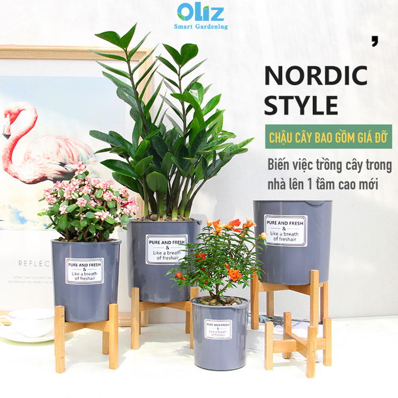 Chậu cây để bàn Oliz TA0 Chậu trồng cây tự tưới có chân đỡ bằng gỗ, thiết kế theo phong cách Bắc Âu