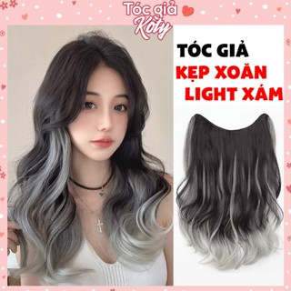Tóc giả kẹp xoăn light xám khói cá tính, tóc kẹp dải nửa đầu ombre xám T633
