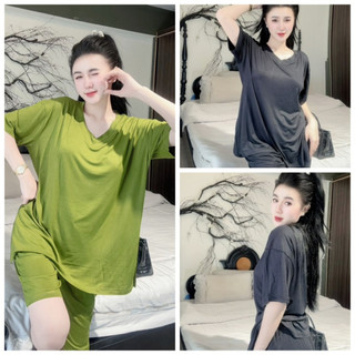 Đồ Bộ Đùi Nữ Thun Cotton Lạnh Áo Cổ V Xẻ Tà  Mềm Dẻo Mặc Nhà Xinh Xắn Bigsize 42-75kg