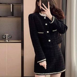 Set đồ nữ áo dạ tweed áo vest nữ dáng ngắn, chân váy ngắn chữ a màu đen lưng cao retro set đồ nữ sang chảnh sd660
