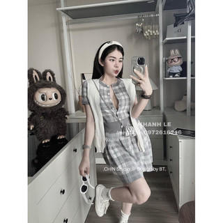 Set áo len kẻ chân váy hàng qcl1