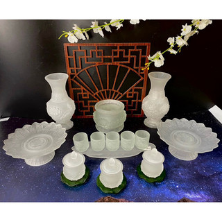  Bộ thờ cúng đá Lưu ly sen trắng cao cấp lư hương bát nhang bình đĩa áng chum ly đèn dầu ống cát vàng trắng vỉ hứng tàn 