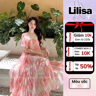 Váy bầu đẹp LILISA, đầm bầu dáng babydoll họa tiết hoa, chất lụa tơ cao cấp dập ly hai lớp siêu mềm mát