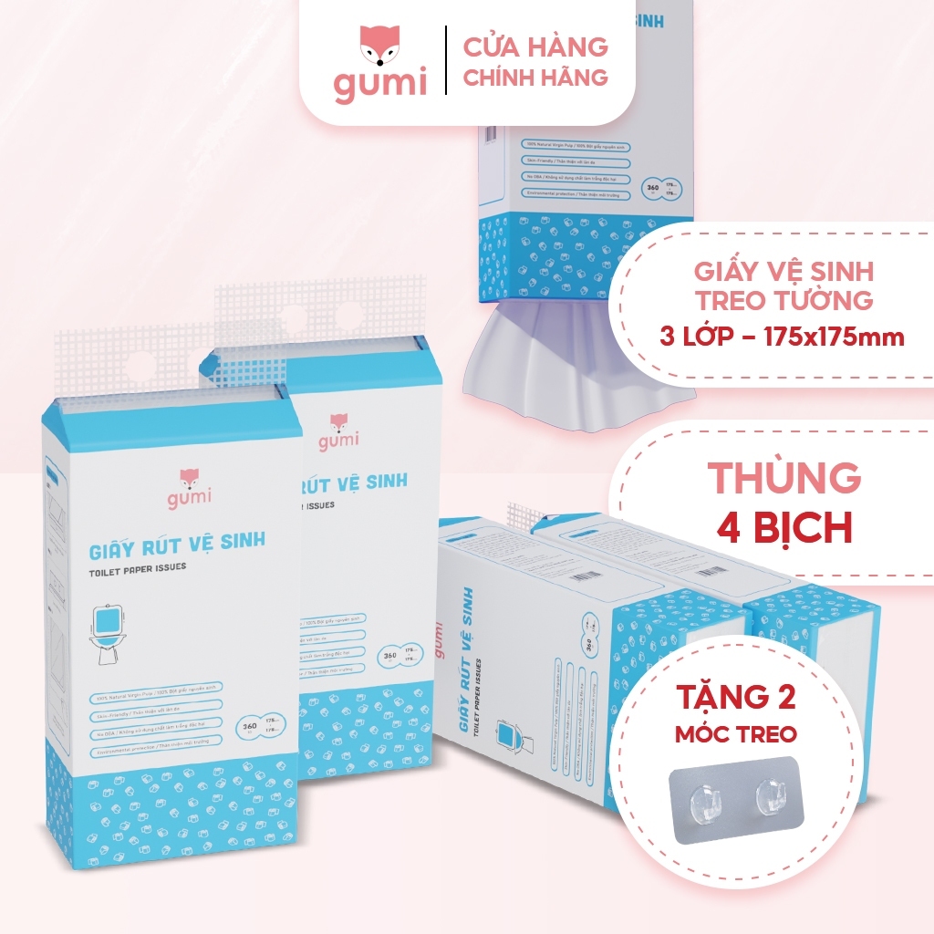 Thùng 4 túi giấy vệ sinh rút treo tường Gumi khăn giấy cao cấp 360 tờ 3 lớp giá rẻ tặng móc treo