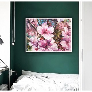 Tranh canvas treo tường mùa xuân hoa đào tặng đinh treo tranh không khoan tường