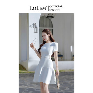 Đầm xòe cổ thuyền dáng ngắn LOLEM DX497 kèm belt chữ V chất vải tafta mềm mịn