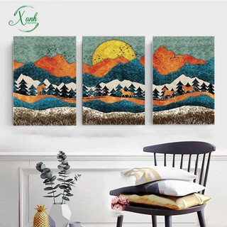 Bộ 3 tranh Phong Cảnh Núi Rừng phong cách Thổ Cẩm dân gian