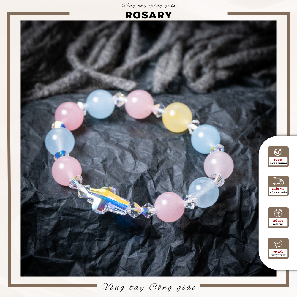 Vòng tay Mân Côi đá cho nữ Công Giáo Morgan mix hạt và Thánh Giá Pha lê nhập khẩu Swarovski dây co g
