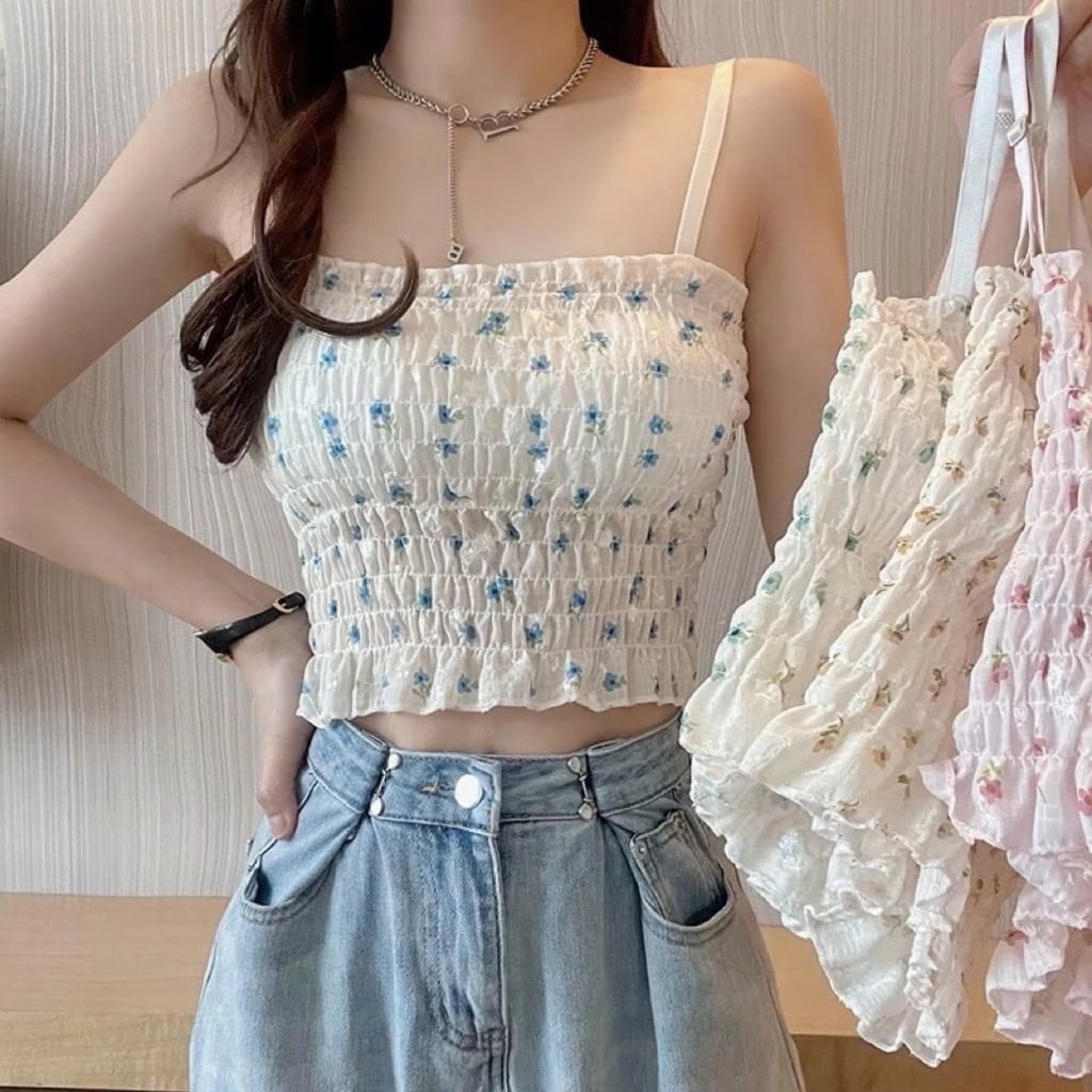 Áo bra vải voan nhún 2 dây dáng dài phối hoa nhí kèm mút đệm ngực 2050