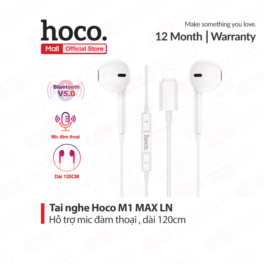  Tai nghe nhét tai Hoco M1 Max LN Bluetooth V5.0 dây TPE dùng cho ip6 7 8 10 11 12 13 14 tích hợp Microphone dài 120cm 