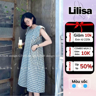 Váy bầu đẹp LILISA, đầm bầu dáng babydoll cổ tròn kẻ caro thời trang, chất vải đũi lông cao cấp mềm mát