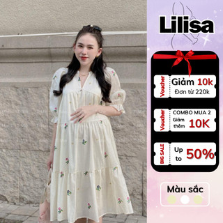Váy bầu đẹp LILISA, đầm bầu dáng babydoll thiết kế cổ tàu hoa nhí vintage tay buông tiểu thư dáng dài