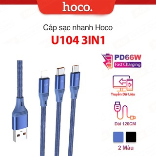 Cáp sạc nhanh và truyền dữ liệu Hoco U104 66W 3in1 1 ip/Type-C/Micro dây dù siêu bền dài 1.2M (XANH)