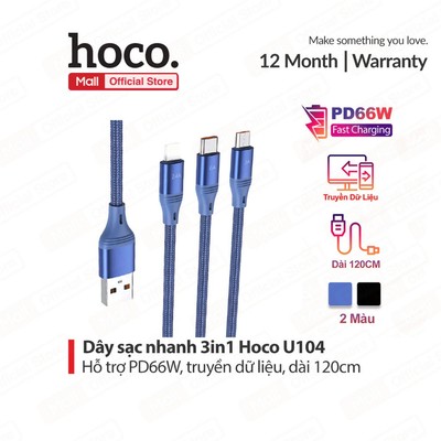 Cáp sạc nhanh PD66W 3IN1 USB to Micro/IP/Type-C Hoco U104 tương thích các thiết bị, dài 120cm