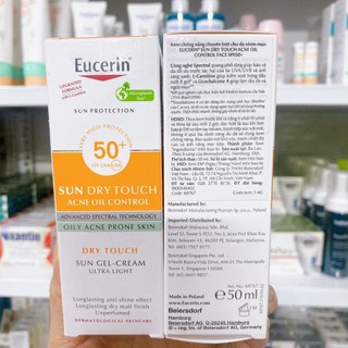Eucerin Kem Chống Nắng Kiểm Soát Nhờn Sun Oil Control Dry Touch SPF50+ 50ml