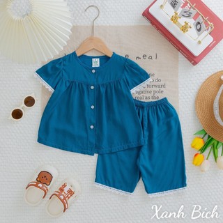 Đồ bộ bé gái - tay búp quần lửng- xanh bích - bộ quần áo tole loại 1 mềm, mịn, mát size 9-36 kg bé gái