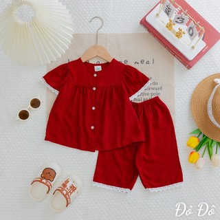 Đồ bộ bé gái - tay búp quần lửng - đỏ đô - bộ quần áo tole loại 1 mềm, mịn, mát size 9-36 kg bé gái