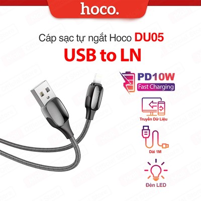 Cáp sạc nhanh Hoco DU05 USB to IP dùng cho ip6/7/8/X/11/12/13 và tự ngắt sạc thông minh khi đầy pin, dây bọc dù, dài 1m