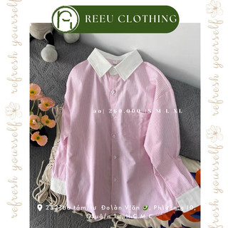 Áo sơ mi sọc hồng cổ tay trắng cotton tay dài