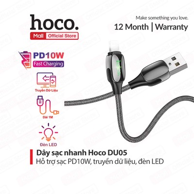 Cáp sạc Hoco DU05 USB to IP dùng cho ip6/7/8/X/11/12/13/14 (Hỗ trợ sạc nhanh 2.4A Max tự ngắt ) dài 1m