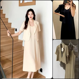 Áo Blazer Ngắn Tay Mix Cùng Váy 2 Dây Dáng Suông Phong Cách Thanh Lịch Mặc Đi Chơi Đi Làm Siêu Xinh