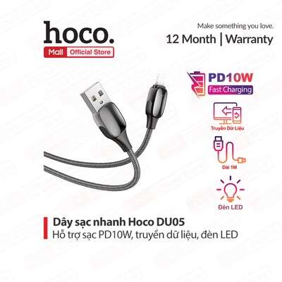 Cáp sạc tự ngắt đầy pin Hoco DU05 USB to IP PD10W, dùng cho ip6/7/8/X/11/12/13/14 có đèn LED, dài 1m
