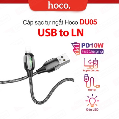 Cáp sạc tự ngắt thông minh PD10W USB to IP Hoco DU05 có đèn báo sạc dùng cho ip6/7/8/X/11/12/13/14  dài 1M