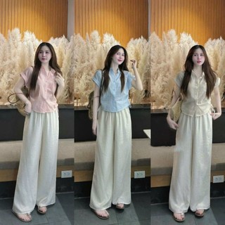 Sét Bộ nữ áo kate xốp sọc, quần đủi dài ống rộng lịch thiệp xinh xắn