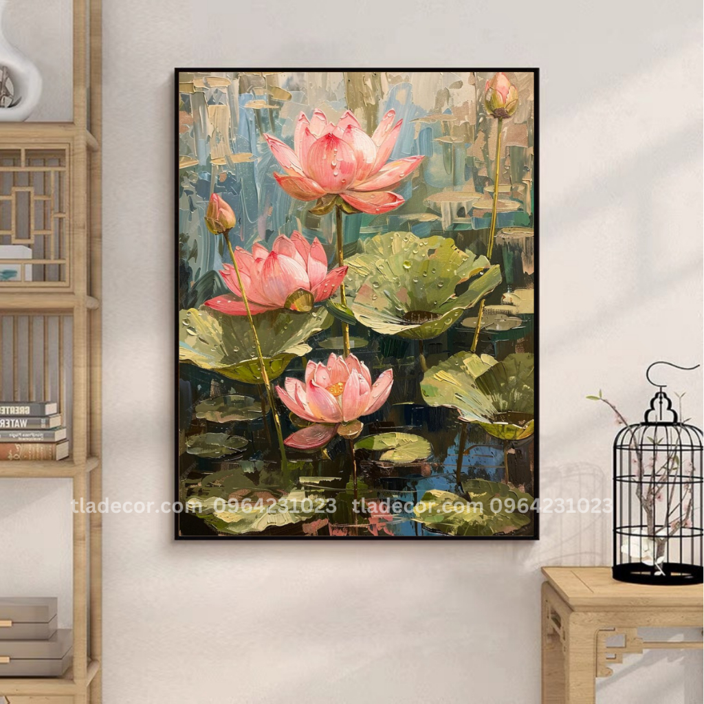 Tranh canvas hoa sen nghệ thuật art treo tường phòng khách, tranh treo tường hoa sen phú quý decor p