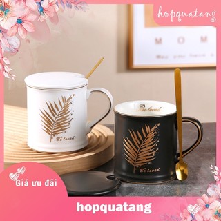 Cốc Sứ Kèm Hộp Quà Tặng Hình Lá Cọ Sang Trọng Có Nắp Thìa Cốc Uống Nước Cà Phê Văn Phòng Decor