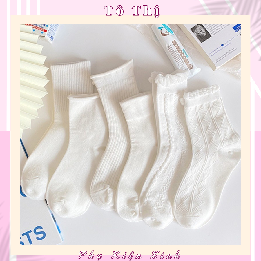 Tất nam nữ cổ cao phong cách vintage vớ nữ cổ cao họa tiết trắng tinh khôi hot trend Hàn Quốc -Tô Th