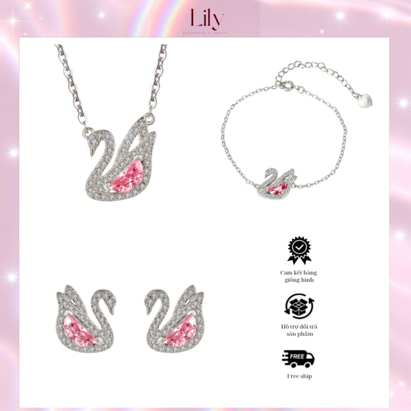 Dây chuyền thiên nga bạc đính đá Zircon hồng, set thiên nga, vòng tay thiên nga, bông tay thiên nga