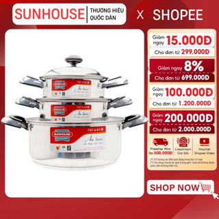 BỘ NỒI INOX 3 ĐÁY SUNHOUSE SH333 - Dùng mọi loại bếp, 3 lớp đáy dày, Quai bọc nhựa cách nhiệt