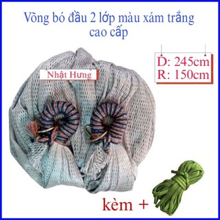Kèm dây - võng lưới cuộn bó đầu 2 lớp dày rộng mềm cao cấp màu xám trắng, võng lưới size lớn cỡ đại