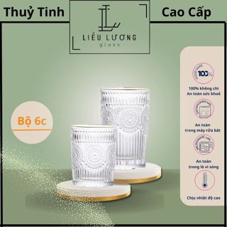  Bộ 6 cốc ly thuỷ tinh hoạ tiết dập nổi hoa mặt trời cao Cấp 300ml 360ml 