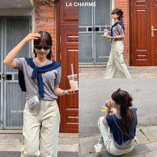 𝗟𝗔 𝗖𝗛𝗔𝗥𝗠𝗘́ | set mongtoghi cộc tay cổ v thêu ngựa kèm khăn 3055